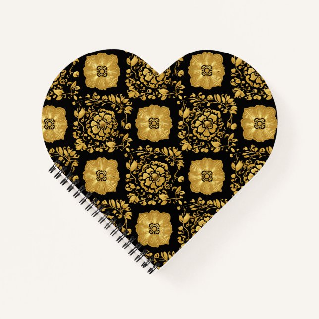 Cuaderno Patrón de damasco floral de oro de lujo sobre negr (Anverso)