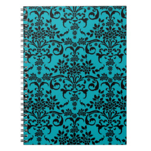 Cuaderno Patrón de damasco floral negro y turquesa
