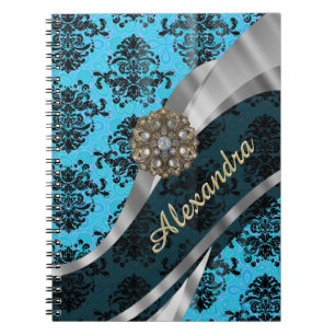 Cuaderno Patrón de damasco giratorio de bonito azul persona
