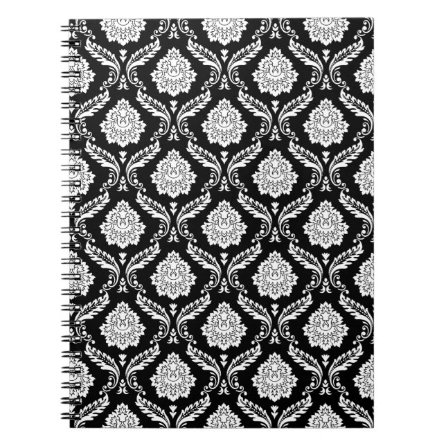 Cuaderno Patrón de Damasco Rococó Blanco sobre Negro  (Frente)