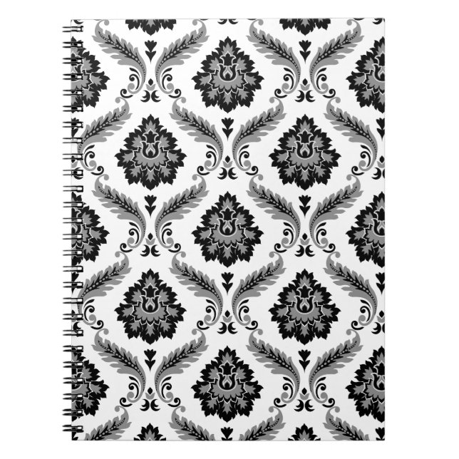 Cuaderno Patrón de Damasco Rococó Gris Negro Blanco (Frente)