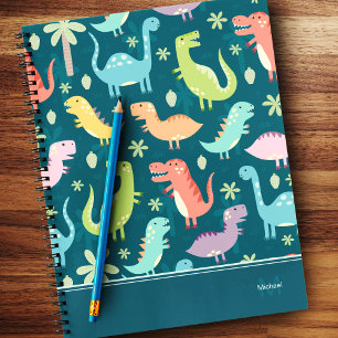 Cuaderno Patrón de Dinosaurio Azul Monograma Niño Niño