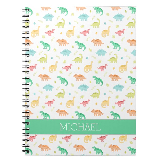Cuaderno Patrón de Dinosaurio Azul Verde con Nombre Persona (Frente)
