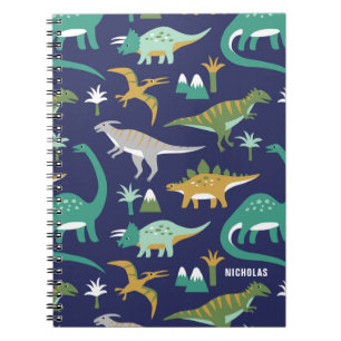 Cuaderno Patrón de dinosaurio AZUL Verde Jurásico con nombr