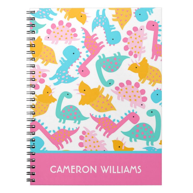Cuaderno Patrón de dinosaurios divertidos rosa y Verde azul (Frente)