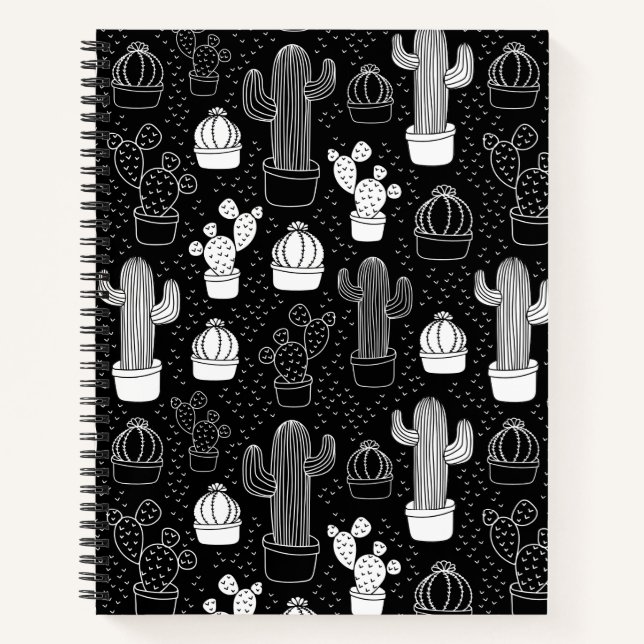Cuaderno Patrón de doodle de cactus en blanco y negro (Anverso)
