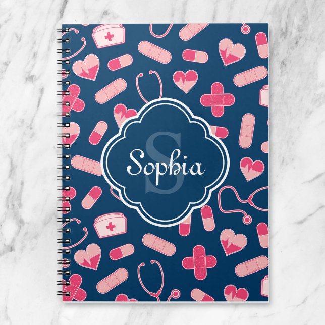 Cuaderno Patrón de enfermera rosa y azul con monograma (Subido por el creador)