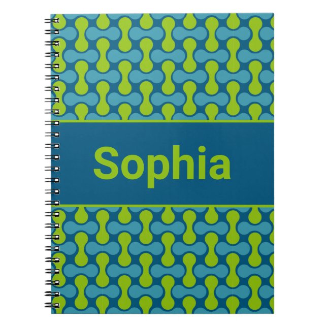 Cuaderno Patrón de enlace retro moderno en azul y verde (Frente)