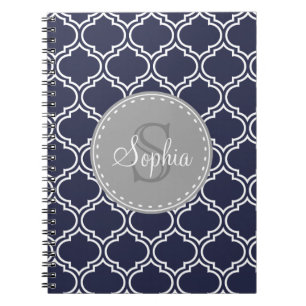 Cuaderno Patrón de Entramado Azul de la Marina Monogramada