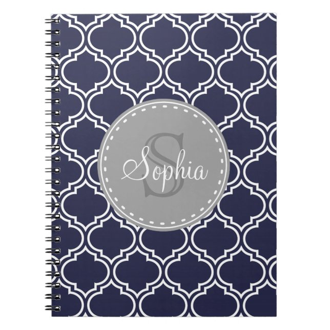 Cuaderno Patrón de Entramado Azul de la Marina Monogramada (Frente)