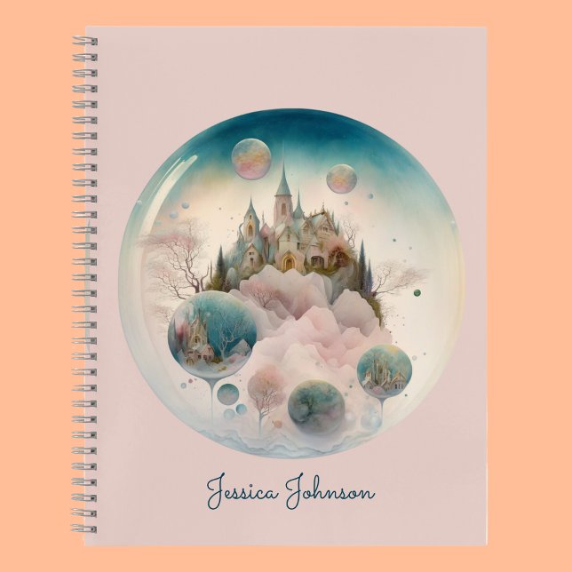 Cuaderno Patrón de espiral rosada del castillo caprichoso (Enchanted Dreamland Personalized Spiral Notebook)
