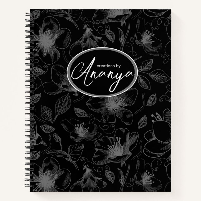 Cuaderno Patrón de esquema floral esbozado gris/negro ID939 (Anverso)