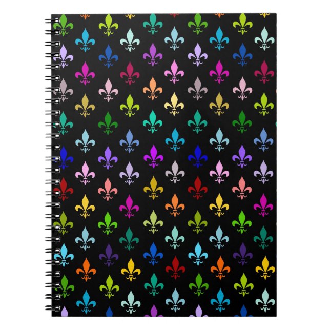 Cuaderno Patrón de fleur de lis colorido sobre negro (Frente)