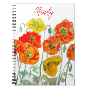 Cuaderno Patrón de flor de amapola roja naranja acuarela