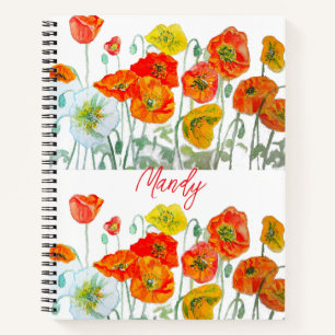 Cuaderno Patrón de flor de amapola roja naranja acuarela
