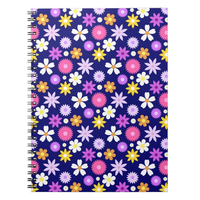 Cuaderno Patrón de flor de estilo retro 70 sobre azul oscur (Frente)