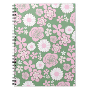 Cuaderno Patrón de flor del Y2K 70s del Retro Blanco Rosa V