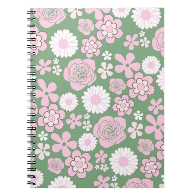 Cuaderno Patrón de flor del Y2K 70s del Retro Blanco Rosa V (Frente)