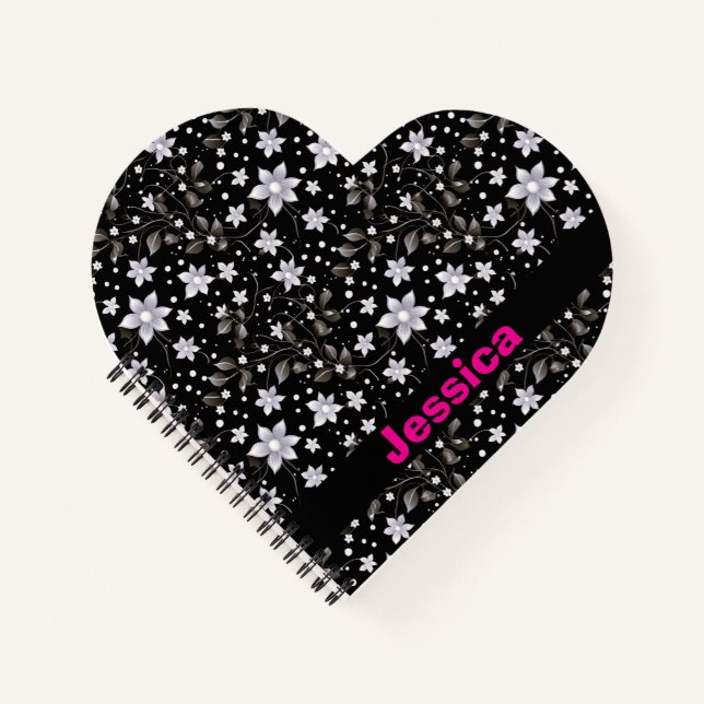 Cuaderno Patrón de flor gris y negro personalizado (Anverso)