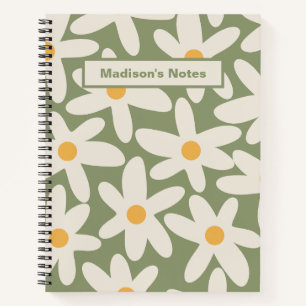 Cuaderno Patrón de flor retro de época de margaritas Verde