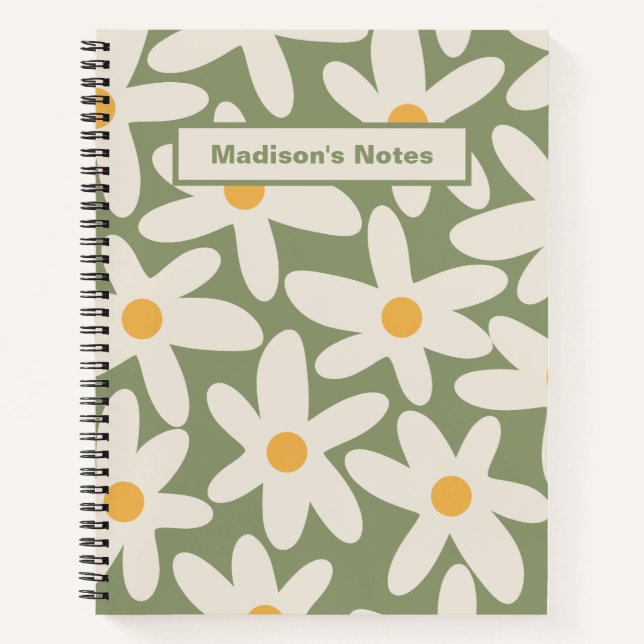 Cuaderno Patrón de flor retro de época de margaritas Verde  (Anverso)