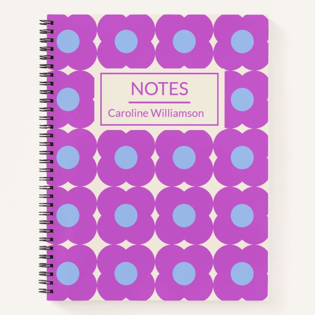 Cuaderno Patrón de flor retro Purple Mid Mod personalizado (Anverso)