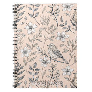 Cuaderno Patrón de Flor Silvestre Ruiseñor Melocotón Vintag
