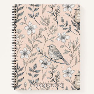 Cuaderno Patrón de Flor Silvestre Ruiseñor Melocotón Vintag