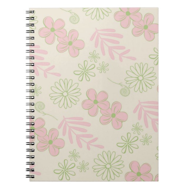 Cuaderno Patrón de flor verde rosado retro Y2K 70 (Frente)