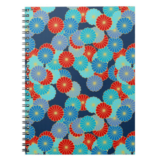 Cuaderno Patrón de flores Art Decó - azul, turquesa y rojo (Frente)