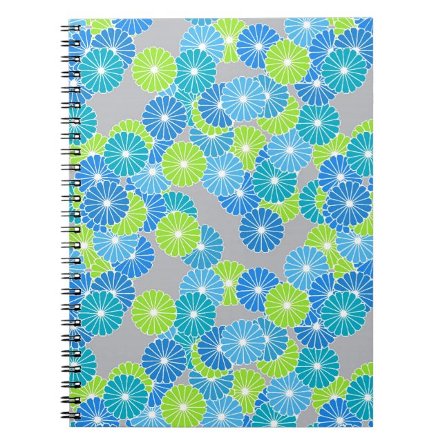 Cuaderno Patrón de flores Art Deco - azul y verde lima (Frente)