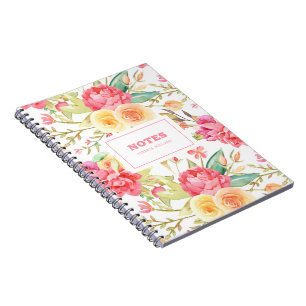 Cuaderno Patrón de flores color agua rosa y amarillo