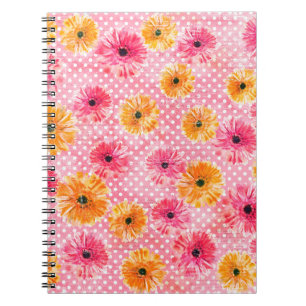 Cuaderno Patrón de flores color agua rosa y gerbera amarill