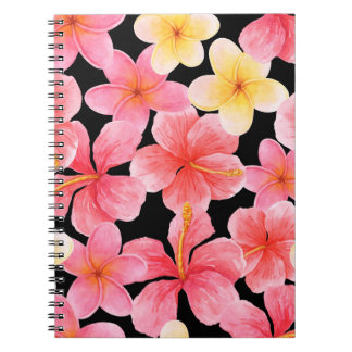 Cuaderno Patrón de flores de color acuático Plumeria Hibisc