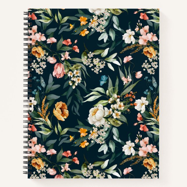 Cuaderno Patrón de flores de jardín de estilo azul oscuro (Anverso)