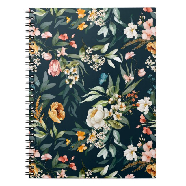 Cuaderno Patrón de flores de jardín de estilo azul oscuro (Frente)