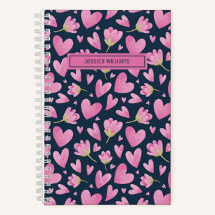 Cuaderno Patrón de flores florales de acuarela Corazón rosa
