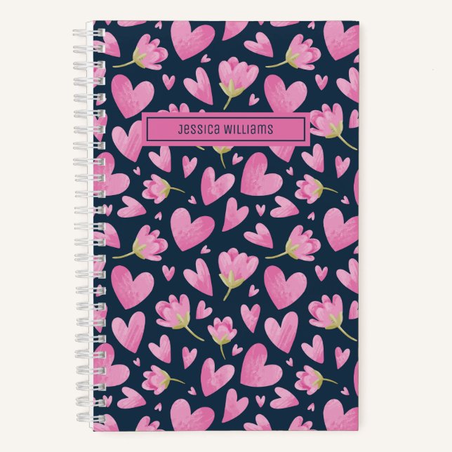 Cuaderno Patrón de flores florales en acuarela Corazón rosa (Anverso)