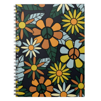 Cuaderno Patrón de flores hippie retro de los años 70 sin m
