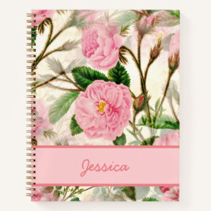 Cuaderno Patrón de flores, hojas y barras rosadas