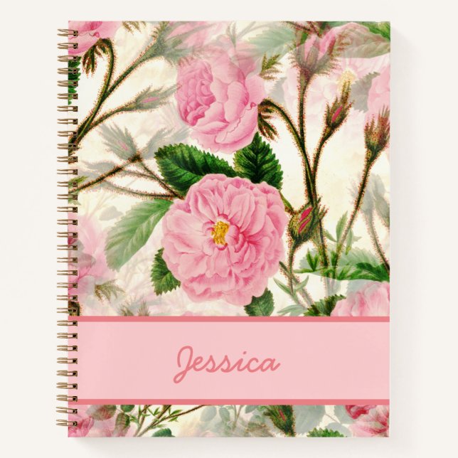 Cuaderno Patrón de flores, hojas y barras rosadas (Anverso)