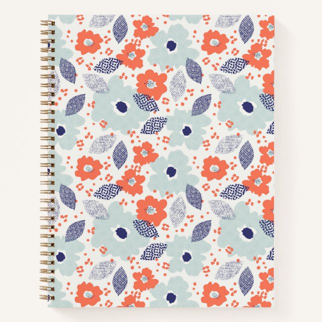 Cuaderno Patrón de flores moderadas naranja y azul (Anverso)