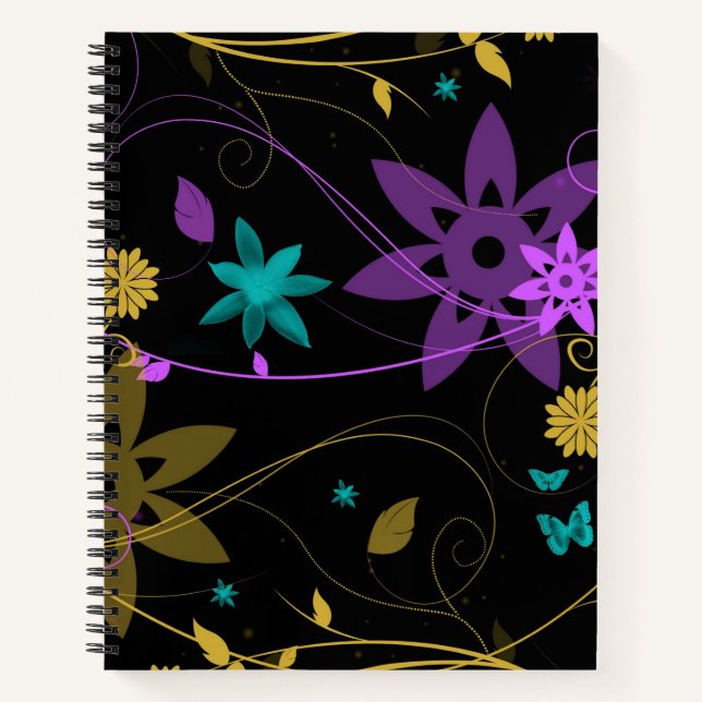 Cuaderno Patrón de flores moradas y doradas y de vino (Anverso)