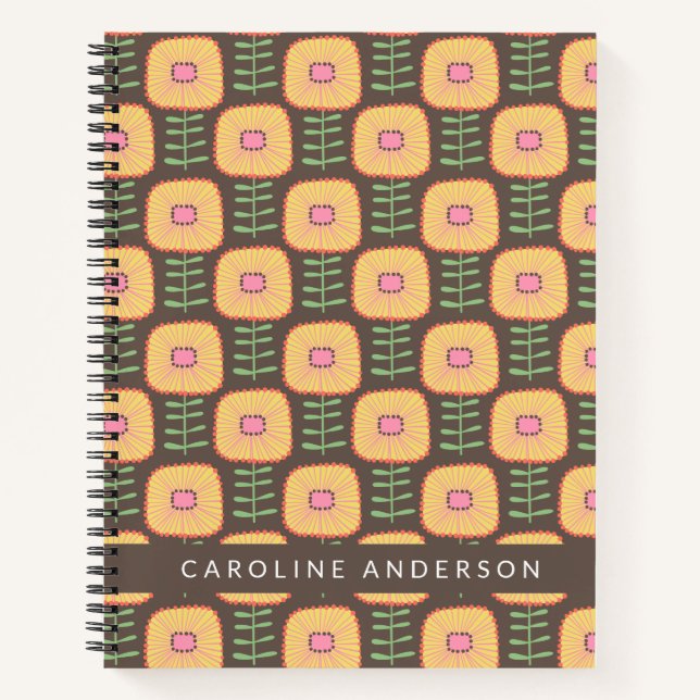 Cuaderno Patrón de flores retro 70 en marrón personalizado (Anverso)