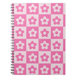 Cuaderno Patrón de flores retro blancas y rosadas en calien