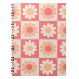 Cuaderno Patrón de flores retro de melocotón a cuadros