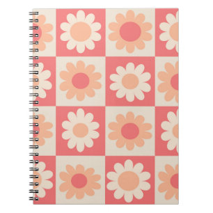 Cuaderno Patrón de flores retro de melocotón a cuadros