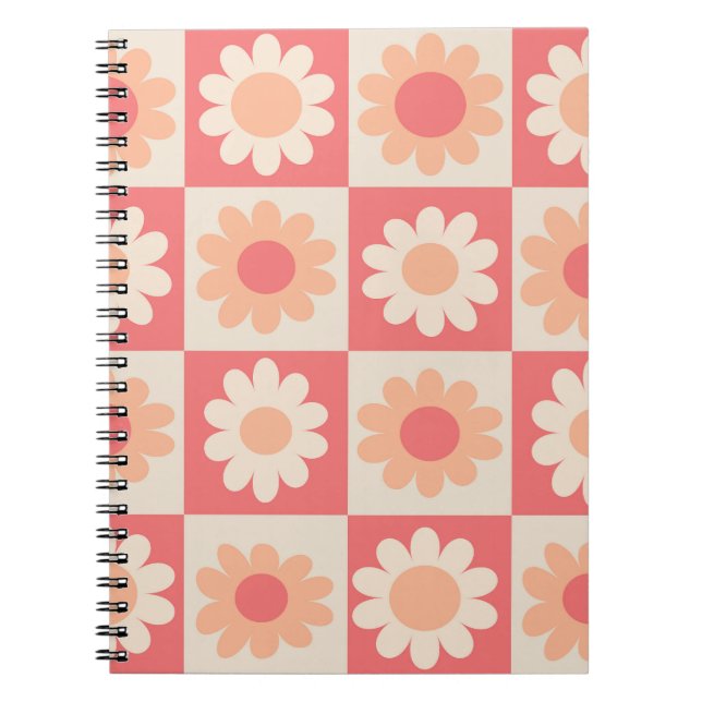Cuaderno Patrón de flores retro de melocotón a cuadros  (Frente)