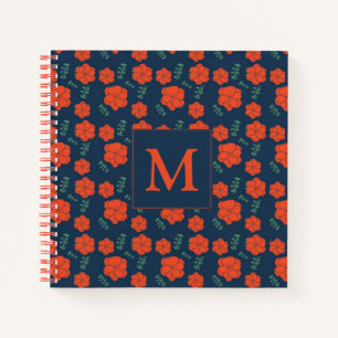 Cuaderno Patrón de flores rojas Monograma azul oscuro