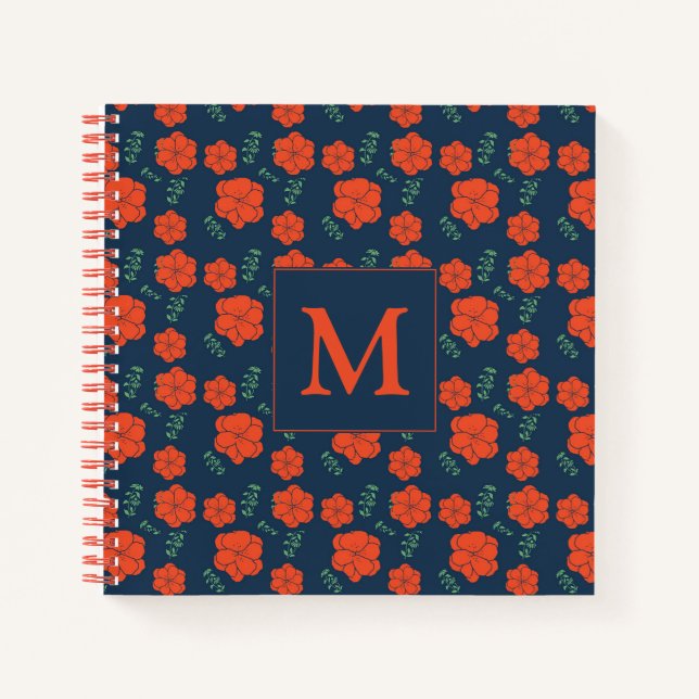 Cuaderno Patrón de flores rojas Monograma azul oscuro (Anverso)